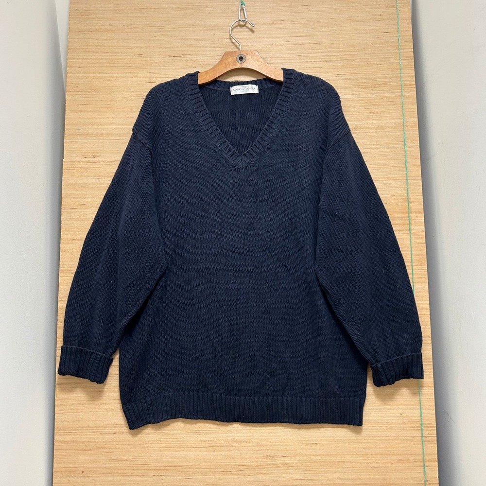 St Michael Marks & Spencer Navy Blue V-Neck Cotton Sweater Made in UK Large